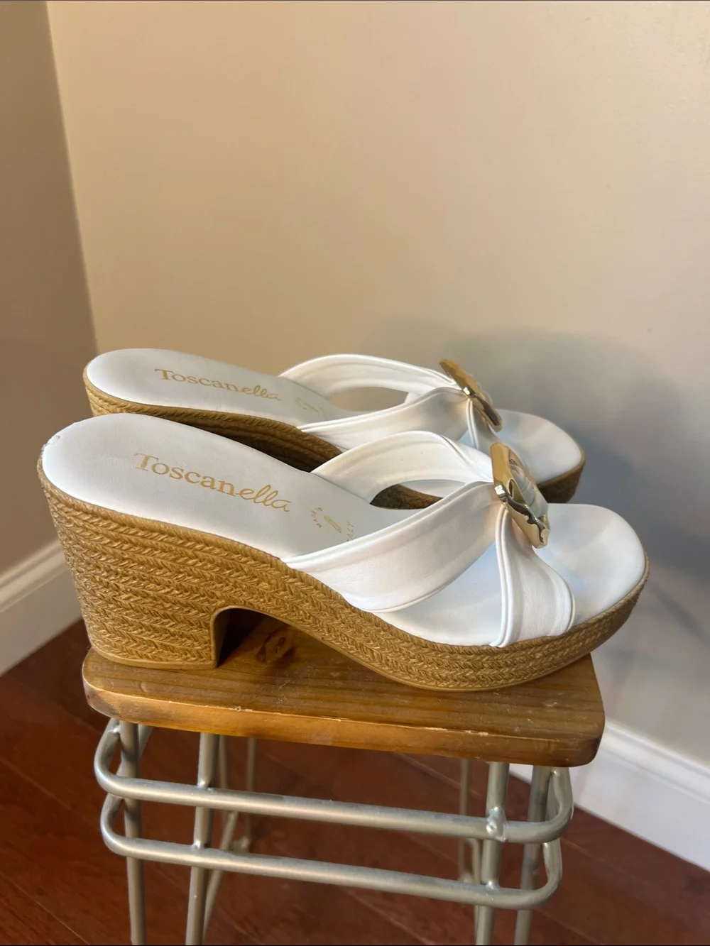 White Wedge Slides with Gold Buckle